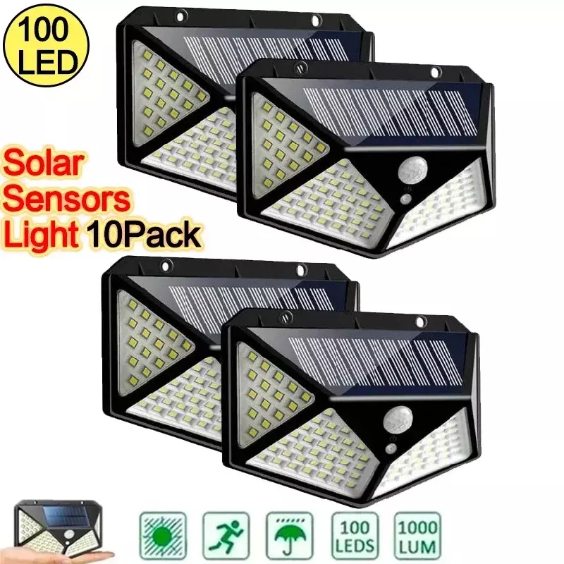 Luzes solares LED com sensor de movimento PIR, lâmpada ao ar livre, luz solar alimentada, luz de rua para jardim, 100 LEDs, 1 Pc, 2 Pcs, 4Pcs