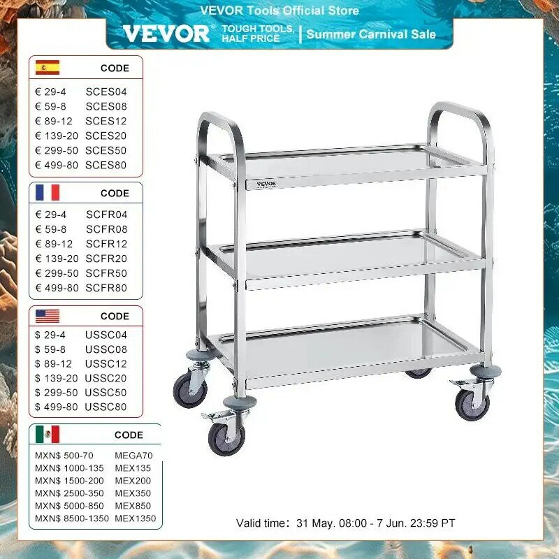 VEVOR Stainless Steel Cart 3/2/1 Layers Lab Utility Cart Medical Cart W/ Lockable Universal Wheels for Lab Clinic Kitchen Salon