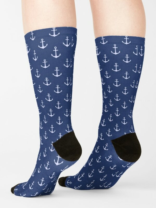 Calcetines con patrón de ancla náutica azul para hombre y mujer, medias antideslizantes