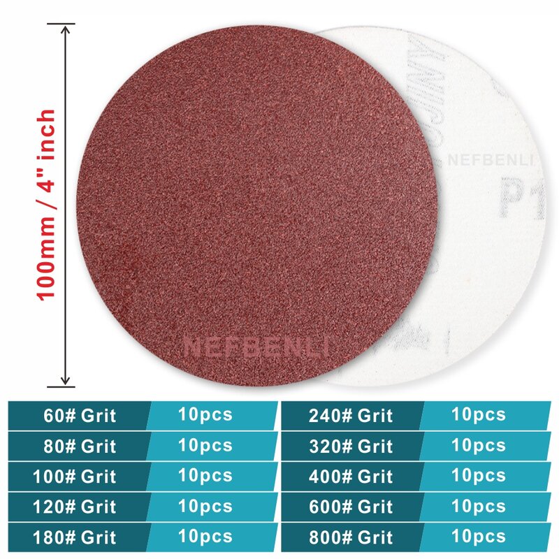 100Pcs 4 Inch Round Sandpaper Disk Abrasive Polish Pad Plate Sanding Sheet Polishing Kit Grit Paper Discs Grit 60-800