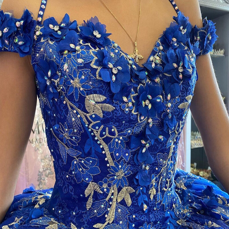 로얄 블루 스팽글 비즈 오프 숄더 성인식 드레스, 볼 가운, 수제 꽃, 크리스탈 코르셋, 달콤한 15 파티웨어