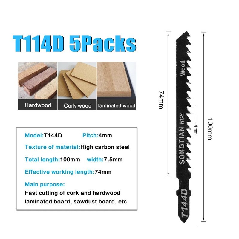 Assorted Jigsaw Blades Set para Carpintaria, Multi Saw Blades, Handsaw Tools, Metal, Madeira, T144D, T118A, 10Pcs