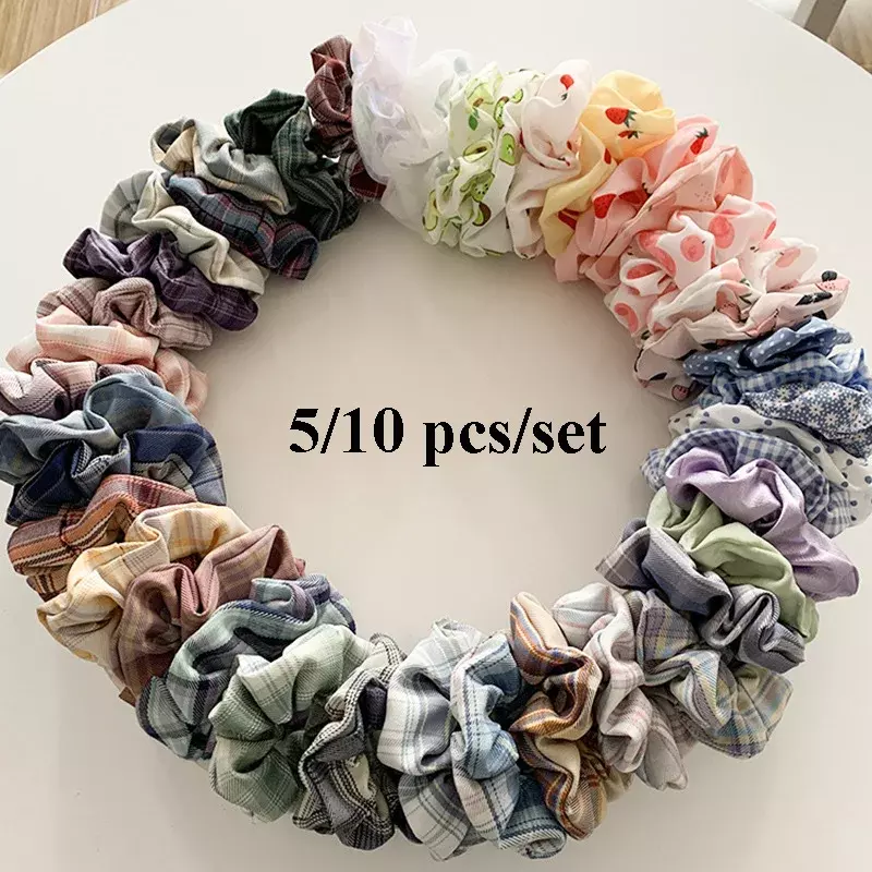 5/10 Pcs/set Flower Print Hair Scrunchies for Women Girls Cute Elastic Hair Ties Bands Headband Rubber Bands Hair Accessories