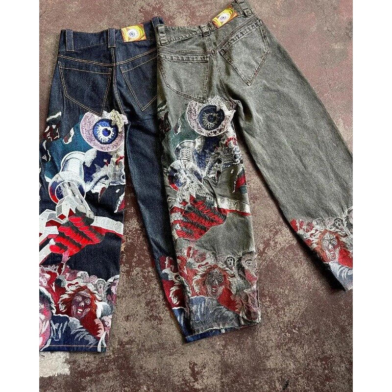 Новые американские джинсы в стиле ретро Y2K, уличная одежда, Широкие джинсовые брюки с персонализированным рисунком, мужские и женские широкие брюки с завышенной талией