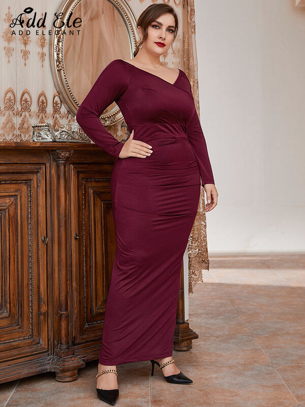 우아한 플러스 사이즈 연필 Bodycon 드레스 여성 2022 가을 레이스 슬래시 넥 광택 디자인 패션 긴 소매 의류 B691 추가