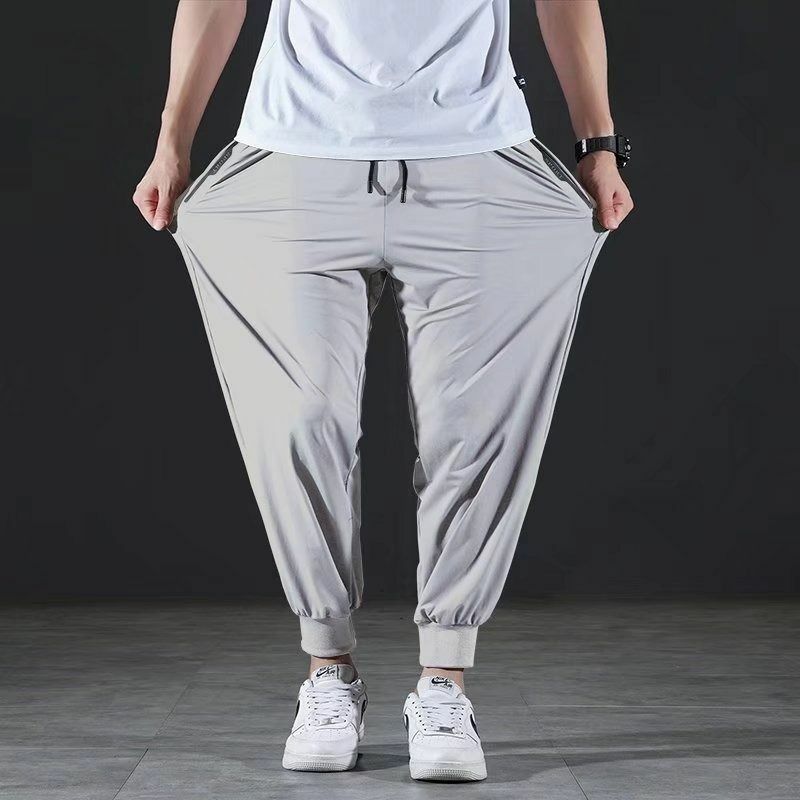 2023 Summer Quick-drying Ice Silk Casual Pants Male Ultra-thin Elastic Nine-point Pants Loose Drape Solid  Beam Feet Pants 8XL