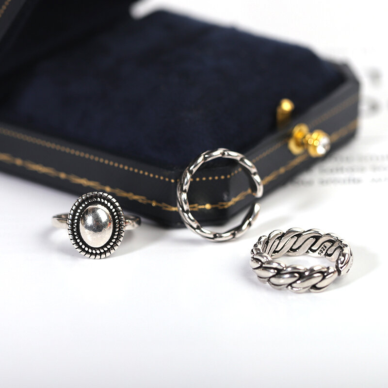 Cincin Perak Murni 925 Aksesori Pasangan Mode In Desain Putar Antik Bentuk Bulat Geometris Perhiasan Perak Thailand