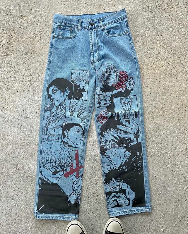 Jeans Harajuku de perna larga para homens e mulheres, gráfico anime streetwear Y2K, estilo japonês, cintura alta, calças largas, novo