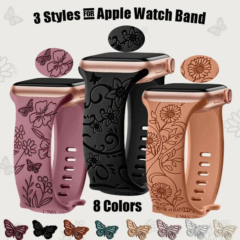 Bracelet en silicone gravé pour Apple Watch, bracelet floral, bande, 44mm, 45mm, 49mm, 40mm, 41mm, 38mm, 42mm, iWatch Series 9, 7, SE, 6, 8, ultra 2