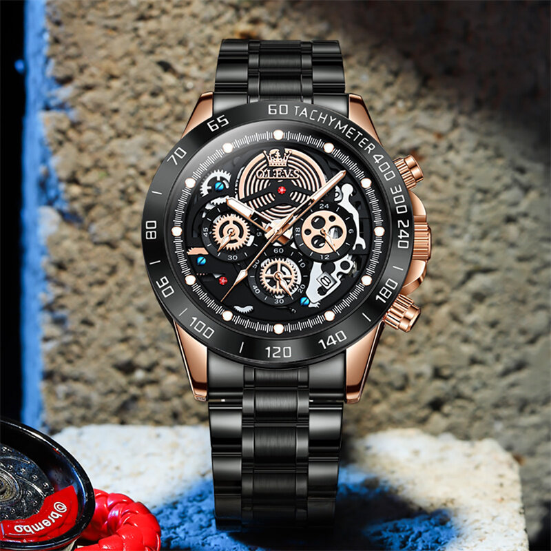 ดีไซน์ดั้งเดิม OLEVS นาฬิกาควอทซ์แบรนด์หรูสำหรับผู้ชายนาฬิกาวันที่เรืองแสงกันน้ำสายเหล็กสีดำ reloj hombre
