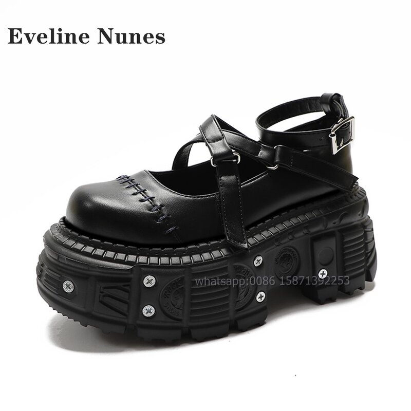 Zapatos de tacón de suela gruesa de costura con remaches, punta redonda, hebilla tipo serpiente, correa, zapatos negros huecos, plataforma, aumento de altura, zapatos Punk Retro