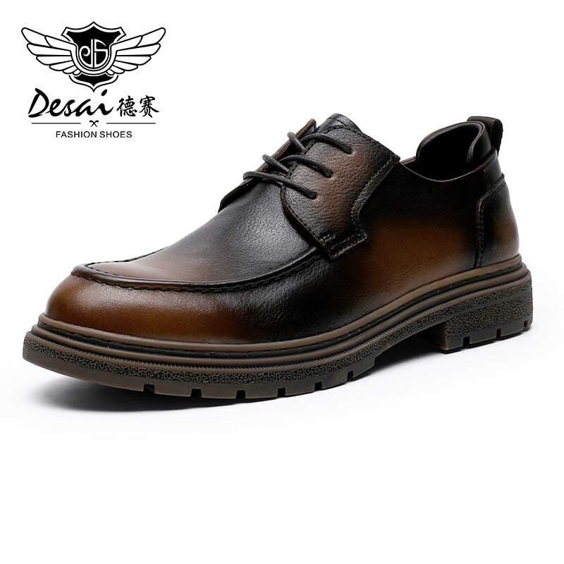Desai-zapatos de cuero informales versátiles para hombre, calzado de trabajo de moda transpirable, zapatos Derby de punta redonda Retro británicos