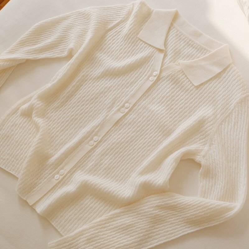 Cardigã monocromático de lã com colarinho polo, suéter de manga comprida, top elegante, básico macio, primavera e outono