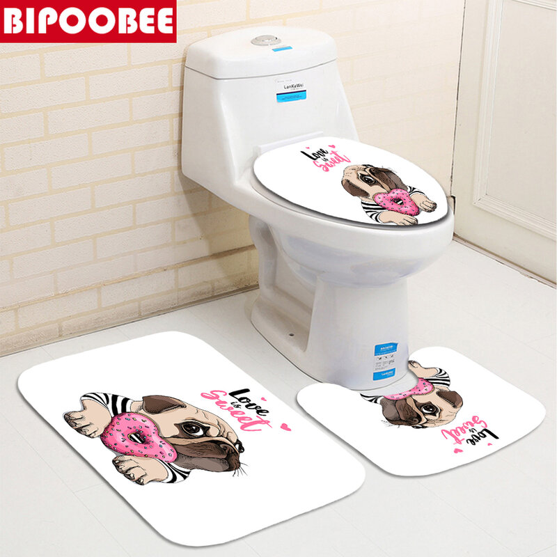 น่ารัก Pug พิมพ์ผ้าม่านห้องน้ำผ้ากันน้ำโพลีเอสเตอร์ผ้าม่านอาบน้ำชุด Anti-Skid พรมพรมห้องน้ำฝาครอ...