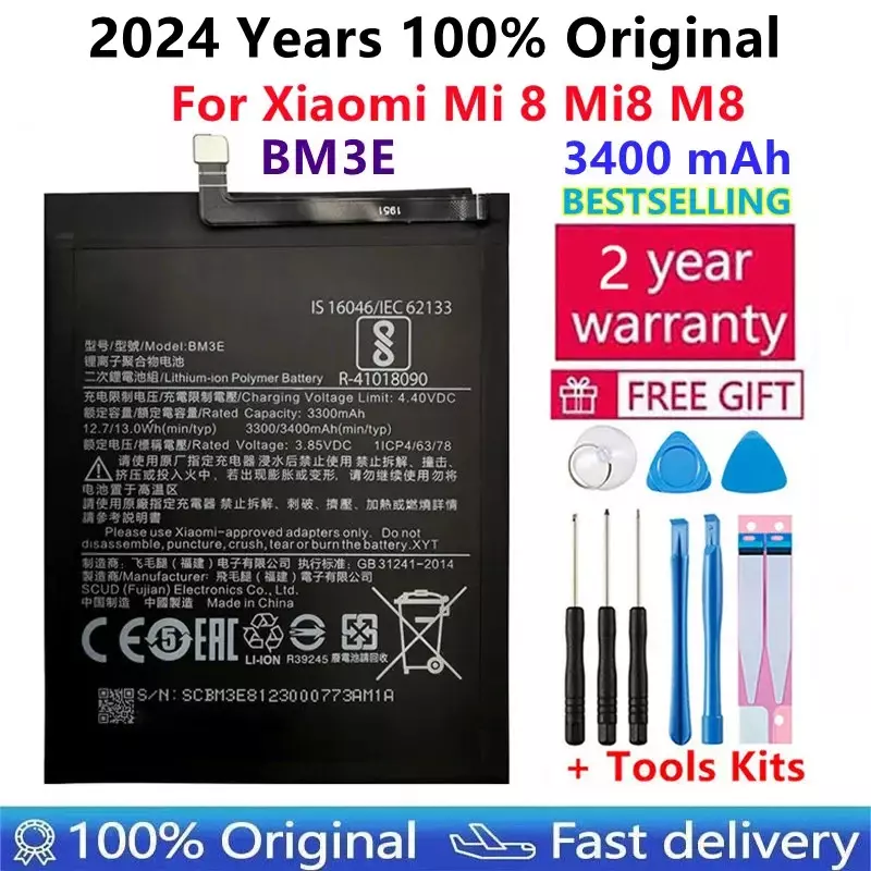 Batterie de téléphone BM3E d'origine pour Xiaomi Mi 8 ata 8 M8, véritable 2024 mAh, remplacement de haute qualité, outils gratuits, autocollants, 100%, 3400
