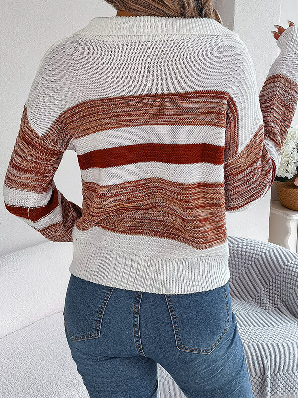Autumn Winter Striped Sweater Women Casual Knitted Long Sleeve Top Fashion Black V-neck Pullover Loose New In Knitwears 2023