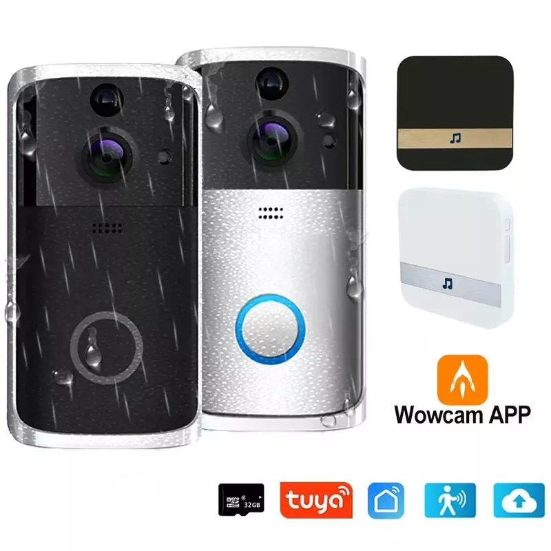 Timbre de puerta inalámbrico con cámara inteligente, intercomunicador con detección de movimiento, impermeable, Wifi, aplicación Tuya/wowcam