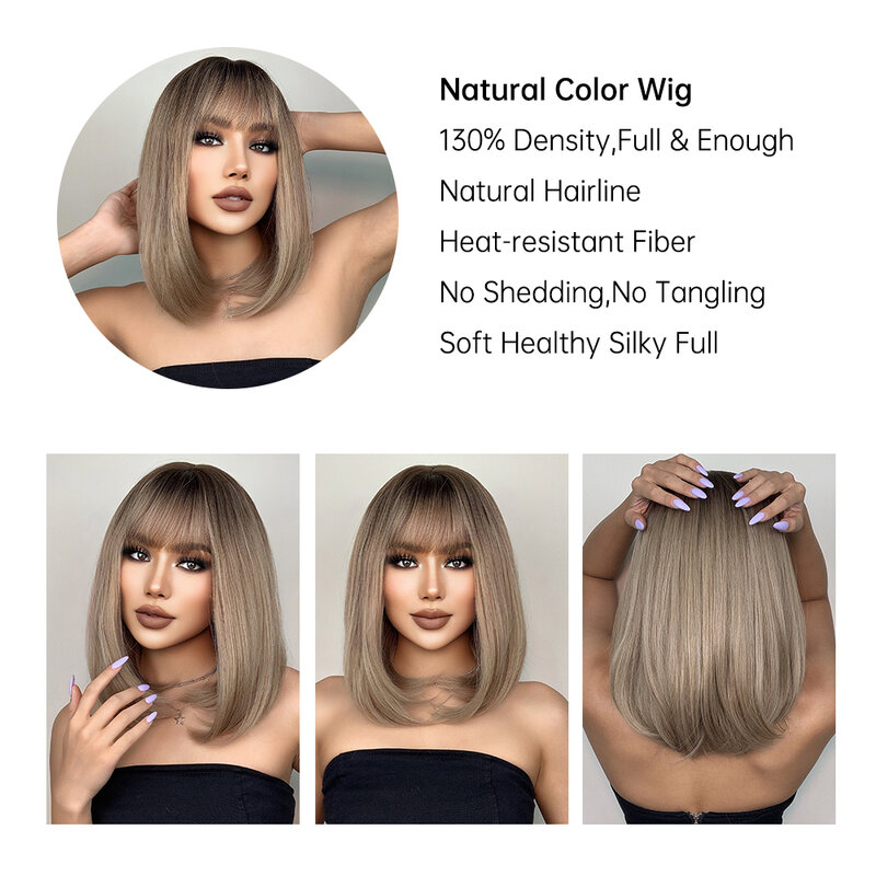 Short Straight Bob Wigs with Bangs Golden Brown Natural Synthetic Hair for Women Daily Cosplay Heat Resistant Fiber