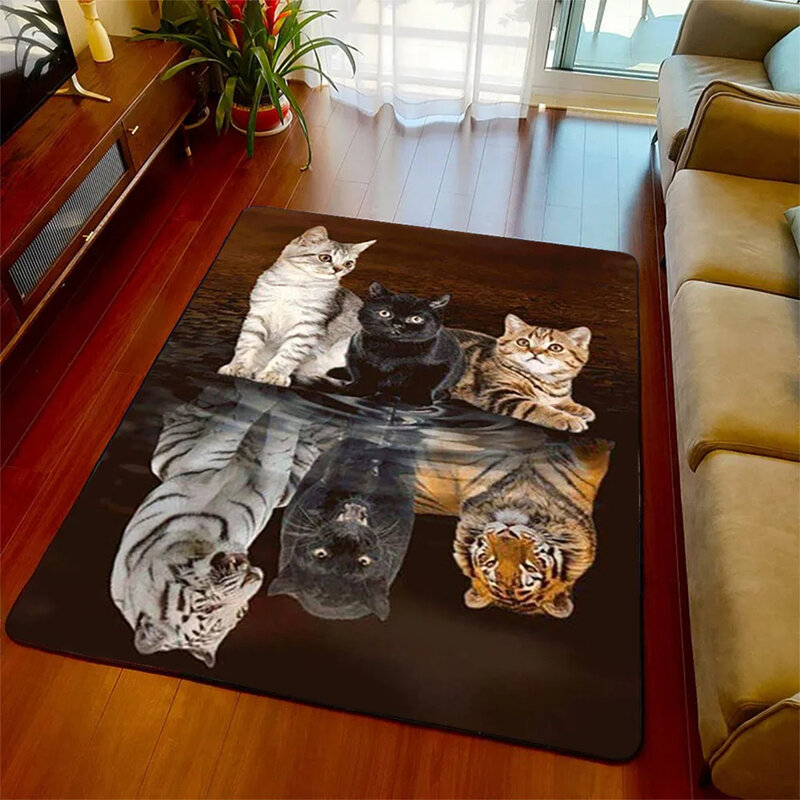 Cute Animal Reflection Carpet Area Rug Carpets for Living Room Bedroom Cat Lion Tiger Animals Anti-slip Rug Game Room Home Decor