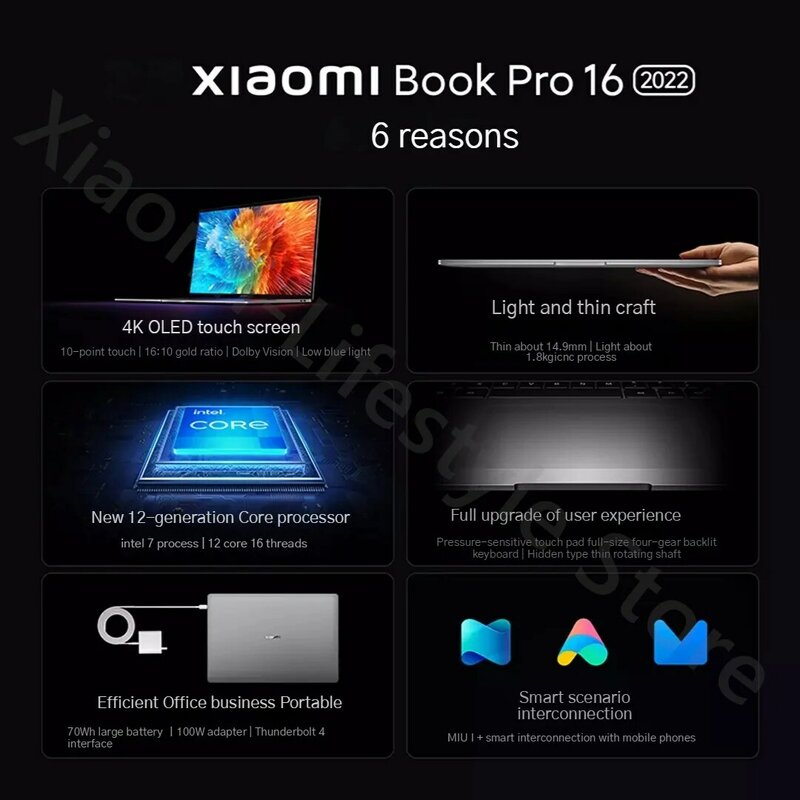 Xiaomi-ordenador portátil Book Pro 16, 4K, pantalla táctil OLED, Intel Core i7-1260P CPU RTX 2022 GPU 16G LPDDR5 + 2050 G SSD, 16 pulgadas, 512
