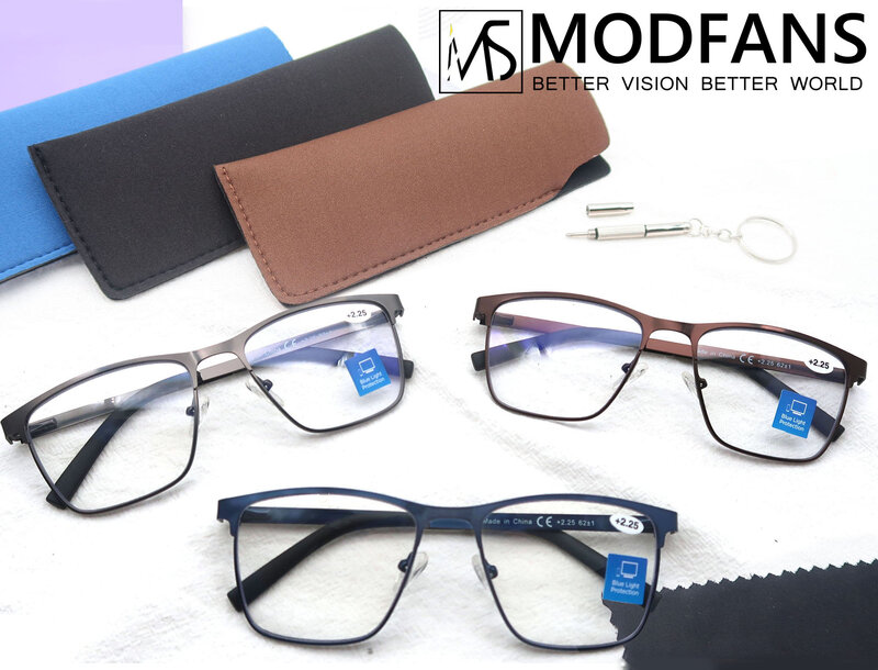 MODFANS-gafas de lectura con bloqueo de luz azul para hombres, marco de Metal, lectores de revistas, lupa, lente de presbicia, dioptrías + 0,75 ~ 4,0