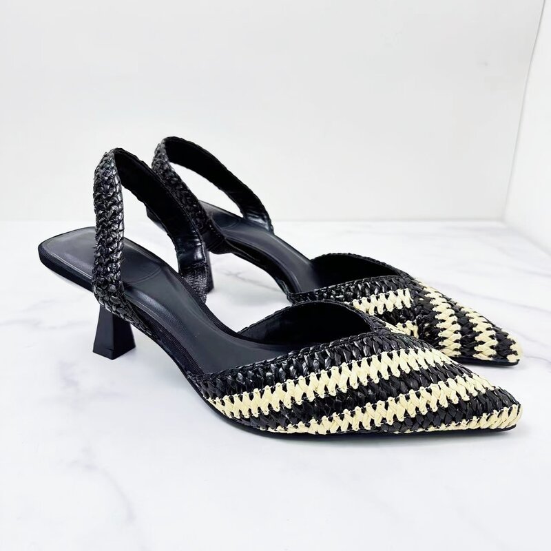 New 2024 Women's Shoes Fashion Temperament High-heeled Shoes Pointy Woven Straw Rope Strappy Sandals With Color Matching.