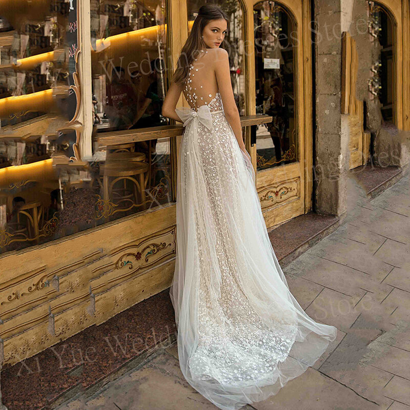 Boho Sexy Deep V Neck Wedding Dresses Glamorous A-Line Lace Bride Gowns Sweep Train Backless Sleeveless Vestidos De Novias 2024