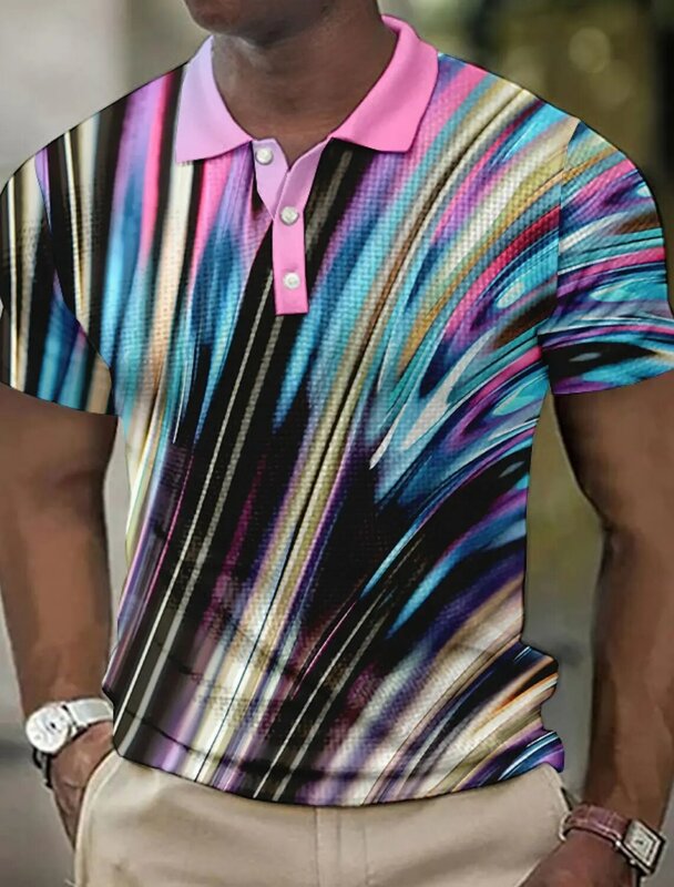 Мужская рубашка-поло на пуговицах, рубашка-поло с лацканами, рубашка для гольфа с градиентным графическим принтом, летняя уличная рубашка с коротким рукавом