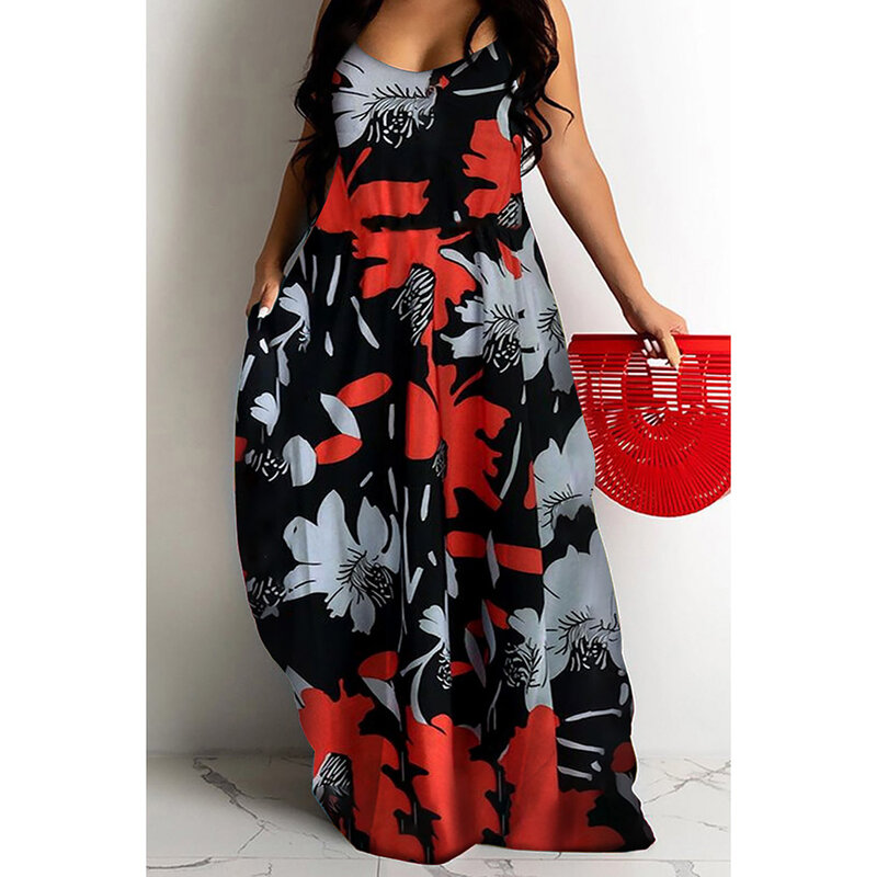 Plus Size Codzienne sukienki maxi Czerwone kwiatowe wiosenne letnie sukienki Maxi bez rękawów Cami