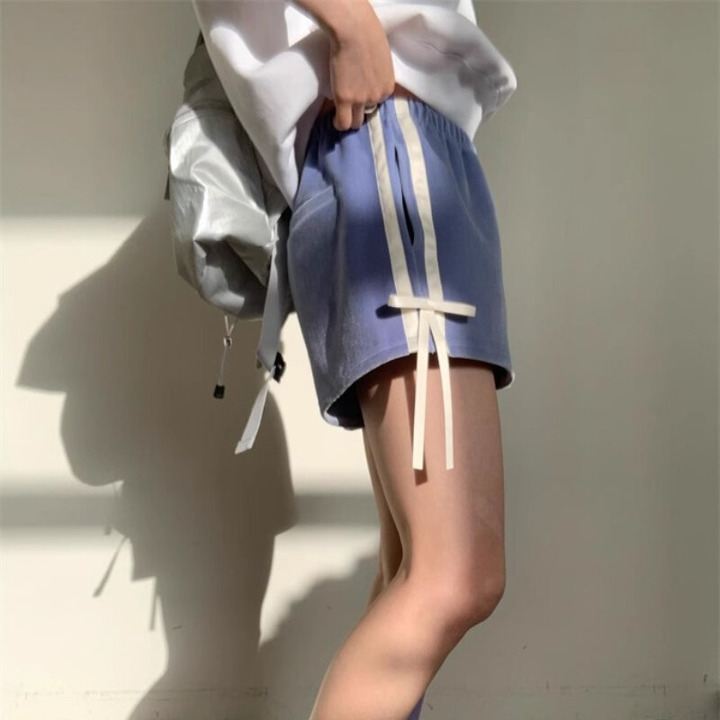 Streetwear Lace-up Loose All Match Shorts Women 2024 Summer New High Waist Contrast Color Patchwork Casual Wide Leg Shorts