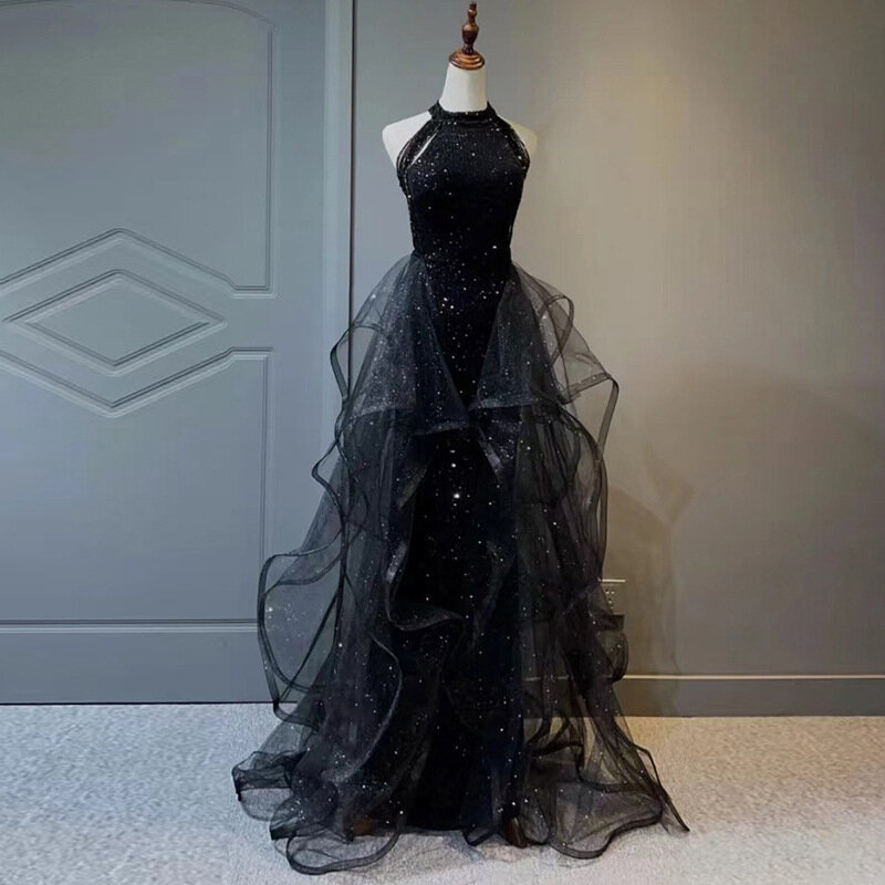Czarna patchworkowa ze wstawką z siateczki suknia wieczorowa z cekinami seksowny Halter bez ramiączek impreza moda formalne suknie balowe ślub vestido de festa