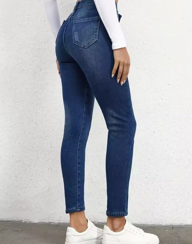 Jeans de pelúcia e cintura alta feminino, jeans forrado com lã, básico, casual, elegante, azul escuro, design de bolso, versátil, 2023
