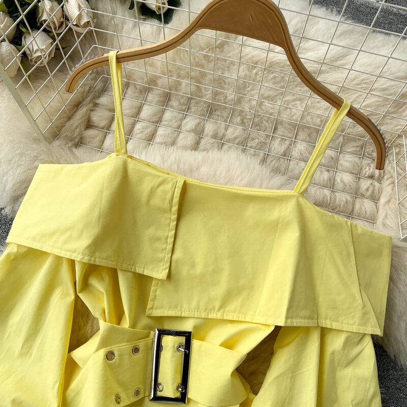 Женская блузка с открытыми плечами, милый облегающий топ с рукавами-фонариками и поясом в уличном стиле, весна 2023