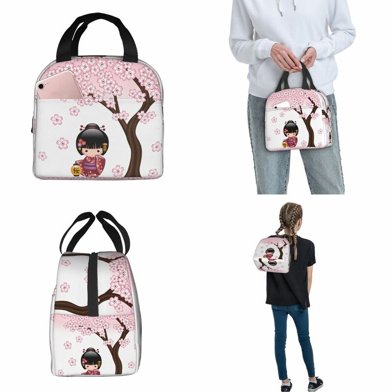 Bolsa de almuerzo con dibujos animados japoneses, Kimono, Geisha, chica, Kokeshi, muñeca, flores de cerezo, bolsas refrigeradoras aisladas, caja de almuerzo, bolsa de comida, novedad de 2023