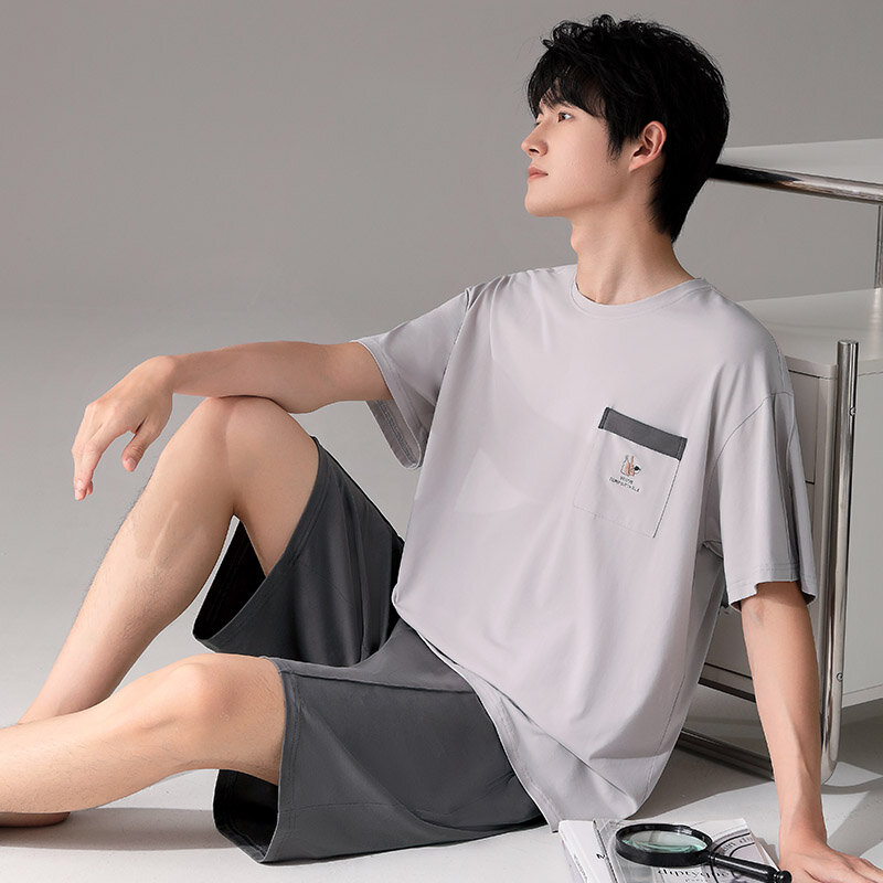 Men Pajamas Soft Cotton Round Collar Sleepwear Mens Summer Home Clothes Big Yards M-3XL Short Sleeve Young Male Homewear Suit