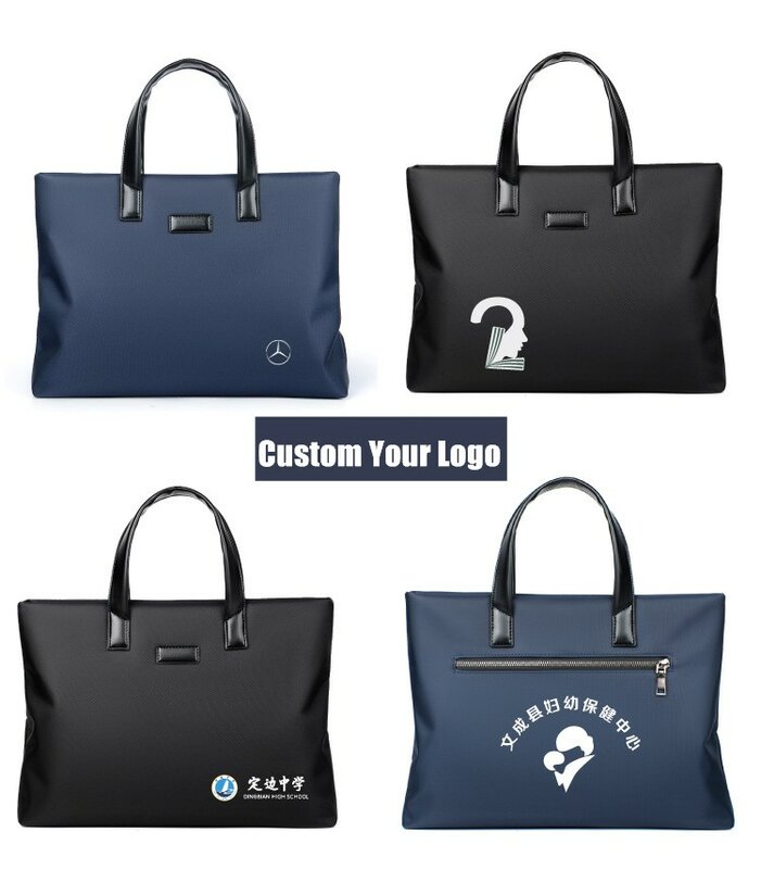 حقيبة ملفات من النايلون الصناعي ، حقيبة بسحاب ، حقيبة يد رجال الأعمال ، هدية اجتماع ، أسود وأزرق ، شعار مخصص