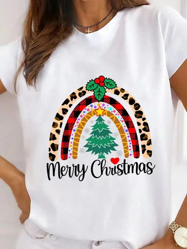 T-shirt imprimé aquarelle pour femme, manches courtes, t-shirt graphique, vêtements de Noël, mode du nouvel an, saison d'hiver