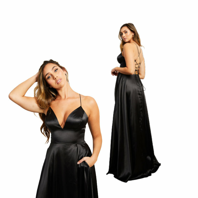 فستان سهرة أسود من الساتان برقبة على شكل V ، جديد ، SH-077 ،