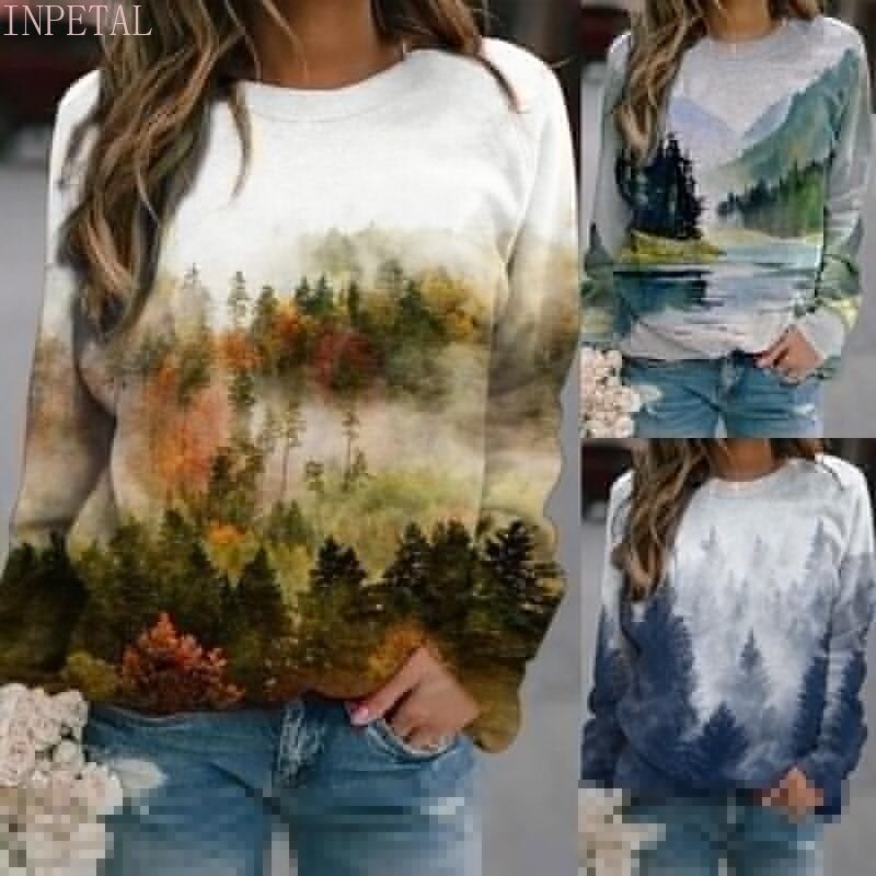 Herbst Frauen Pullover Mantel Langarm Casual Print Sweatshirt Rundhals Pullover Kunst Gemälde Bergwald Tops T-Shirts