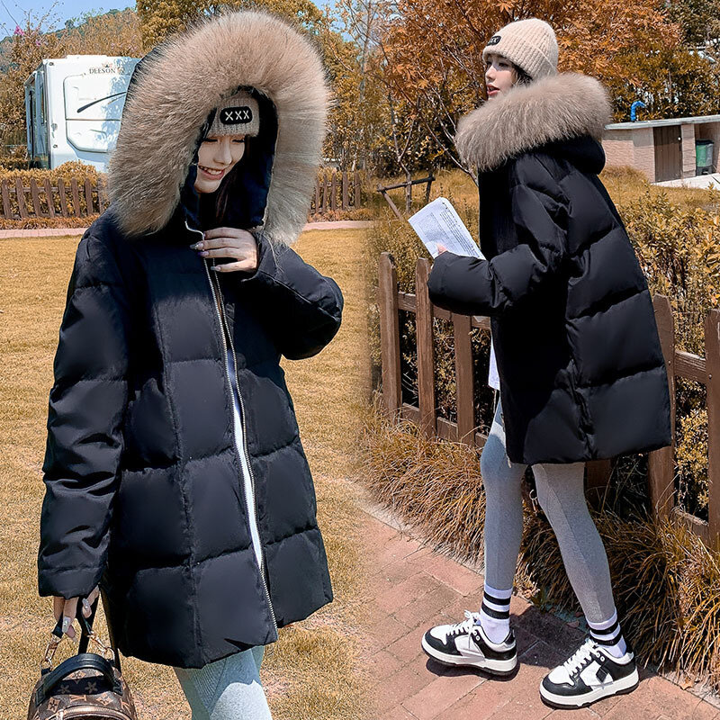 따뜻한 너구리 모피 칼라 중간 길이 모형 다운 재킷 및 코트 여성용, 한국 버전, 루즈핏 오버코트, 외투, 겨울