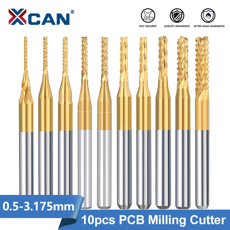 Xcan Pcb Frees 10 Stuks Tin Gecoat 0.5-3.175Mm Cnc Frezen Bit 3.175Mm Schacht Carbide End mill Voor Pcb Machine