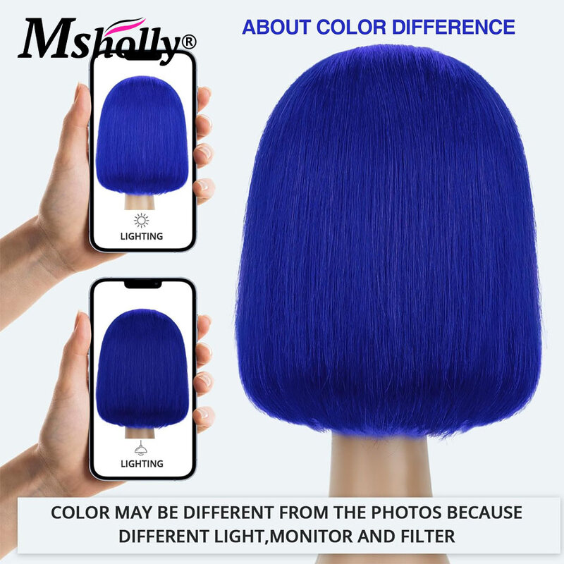 Wig Bob Biru Laut rambut manusia Wig Naturai prepked Brasil Wig garis rambut 100% rambut manusia lurus warna biru renda depan