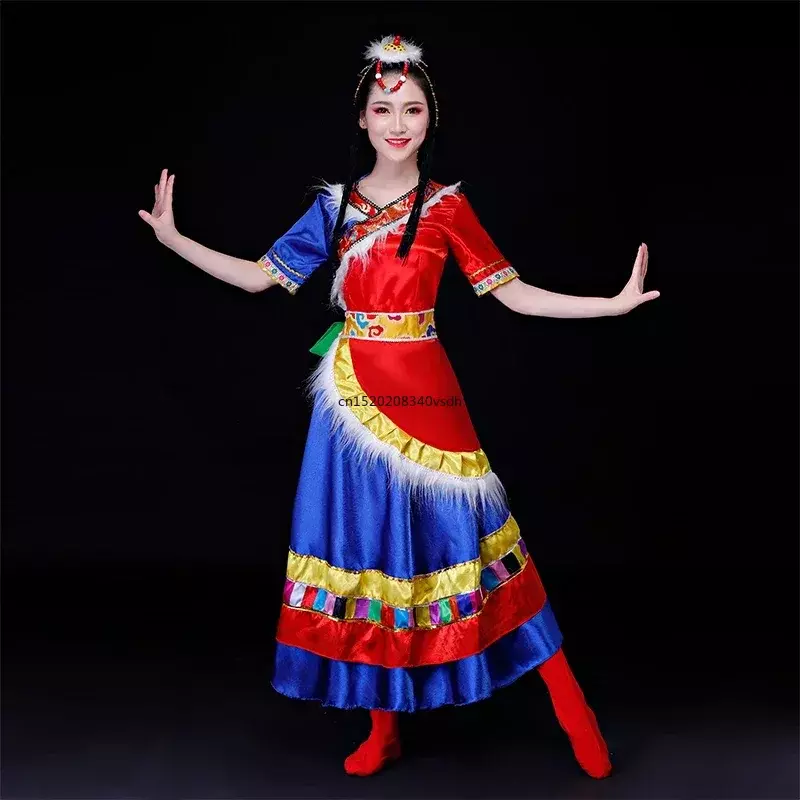 Wysokiej jakości kostiumy do tańca tybetańskiego Kostiumy do tańca mniejszości etnicznych Xizang Zhuoma Kwadratowy kostium do tańca