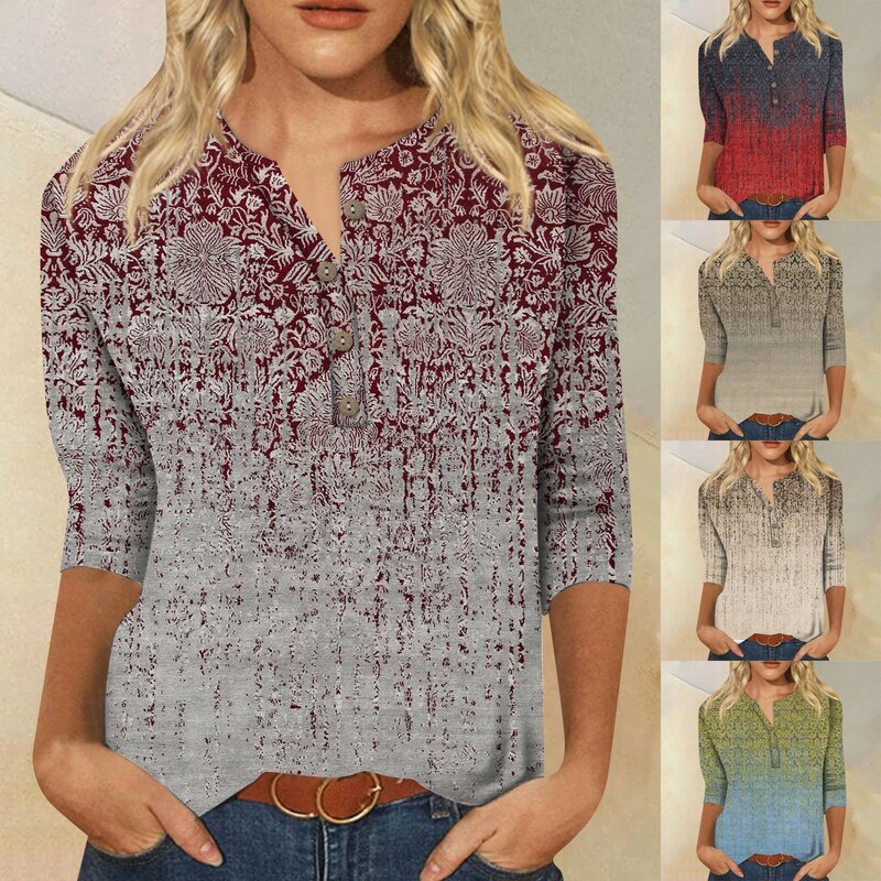 T-Shirt Elegant Fashion Plant Printed Women Pullover Sweatshirt V-Neck Button Summer 3/4 Sleeves Women Shirts With Prints 여성 의류