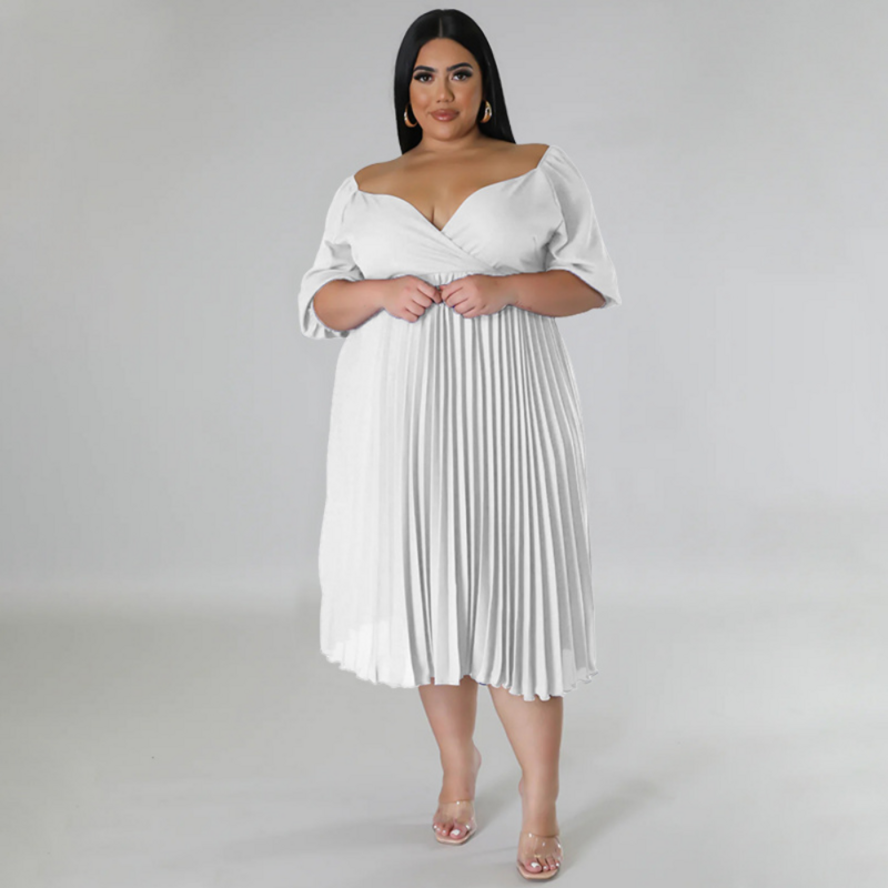Plus Size sukienki eleganckie jednolite kolorowe plisowana z krótkim rękawem sukienka letnia moda na ubrania 2023