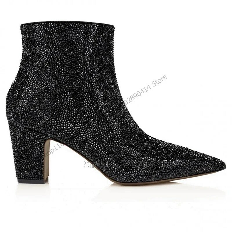 Black Rhinestone Decor Pointed Toe Boots Fashion Side Zipper Men Boots Luxurious Handmade Party Banquet Office Men Dress Shoes