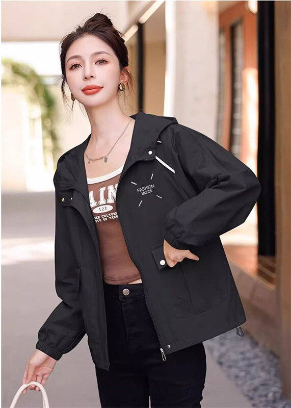 여성용 한국 루즈 레저 후드 짧은 코트, 새로운 기질, 나이 감소, 용수철 가을 조커 패션, 바람막이 재킷