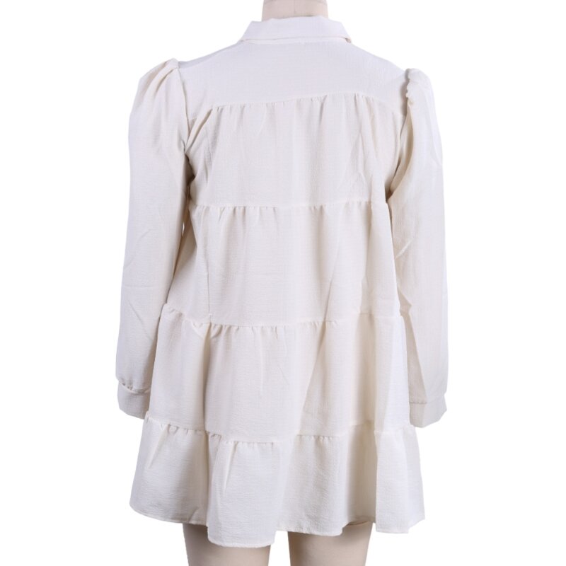 Womens Elegant Puff Long Sleeve Button Up A Line Tiered Ruffle Swing Shirt Dress