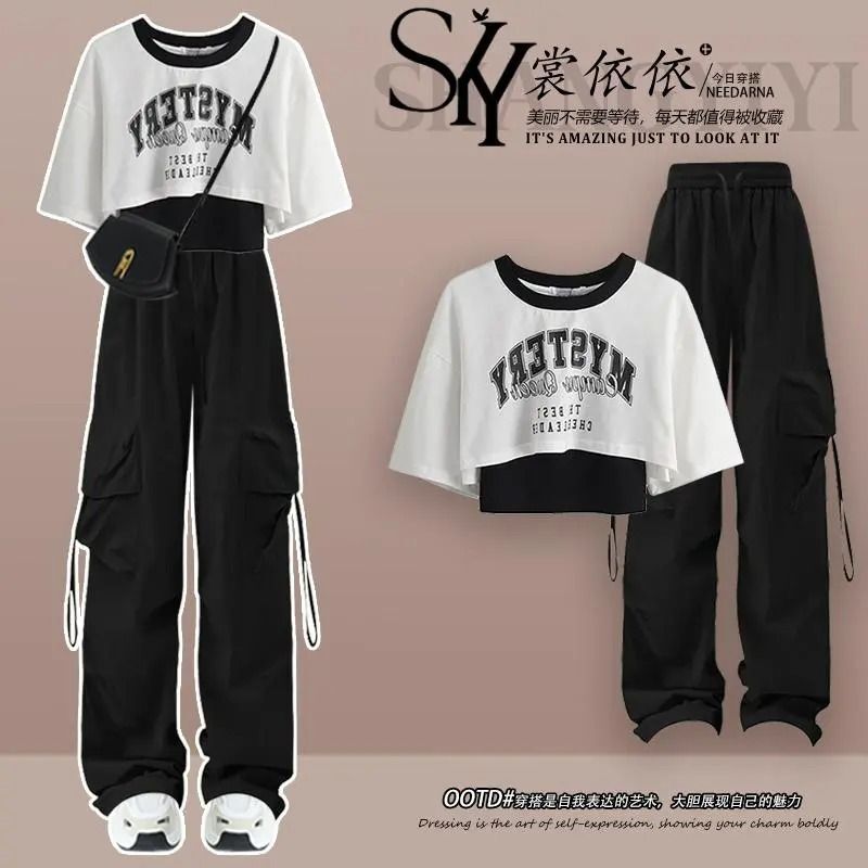 Qingshu เสื้อสไตล์สถาบันการศึกษาสำหรับเด็กผู้หญิง, ชุดสองชิ้นกางเกงลำลองยอดนิยม2024ฤดูใบไม้ผลิ/ฤดูร้อน