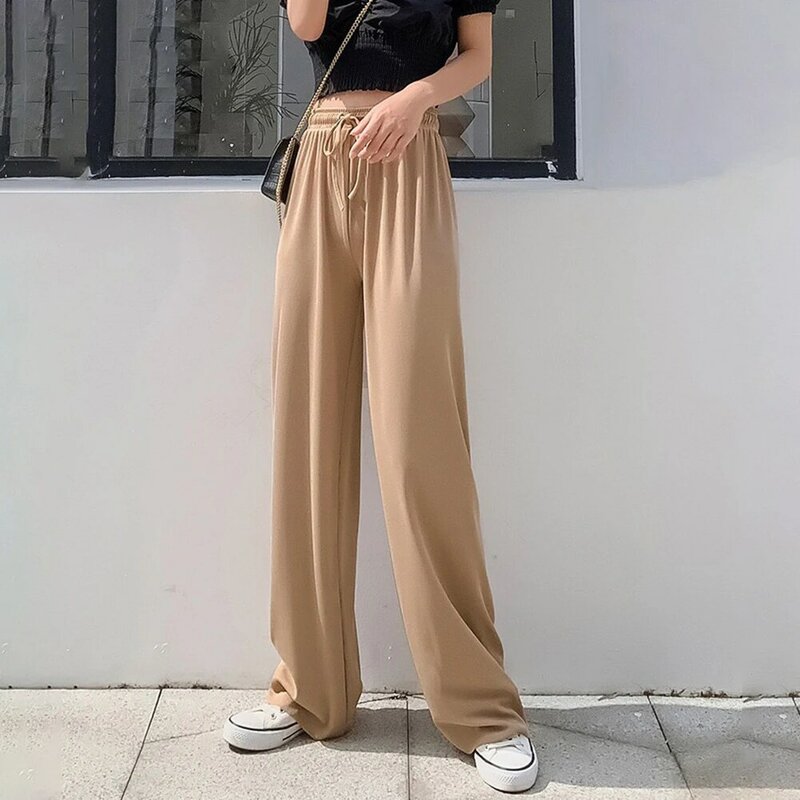 Female Women Pants Breathable Comfortable Cool Daily Drawstring Ice Silk No Elasticity Solid Color New Fashion